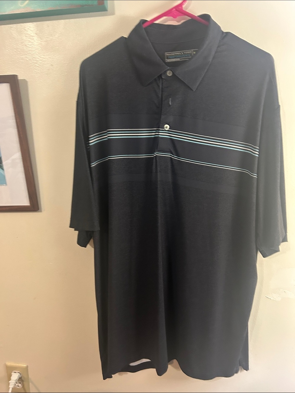 Roundtree & Yorke Black Polo with White and Light Blue Stripes